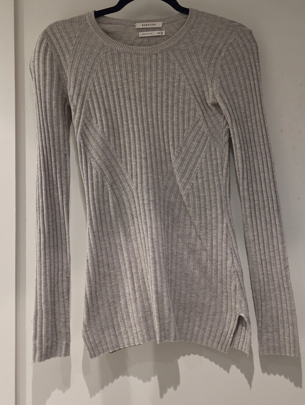 Babaton Light Grey Ribbed Wool Crewneck Sweater
